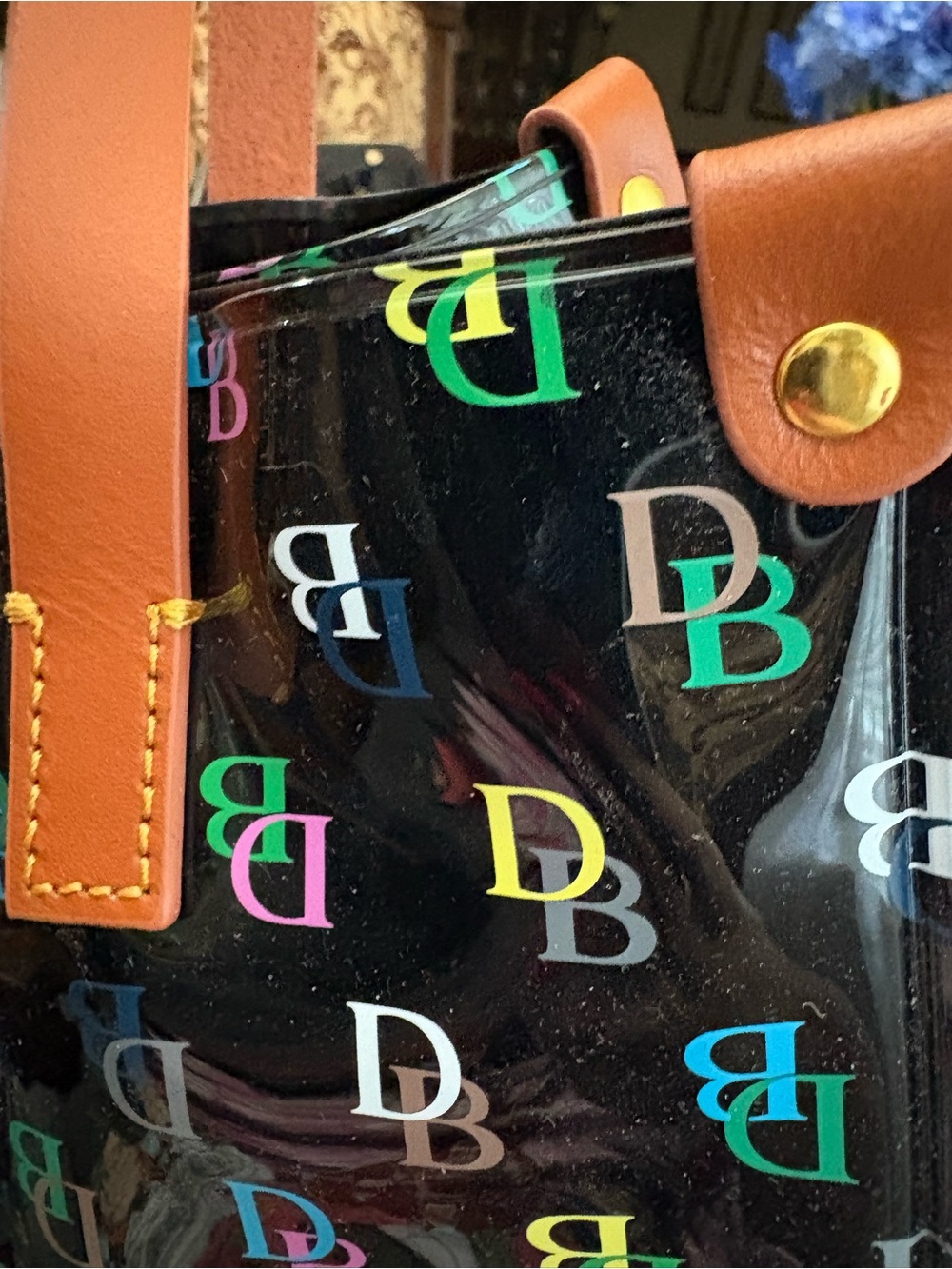 Dooney & Bourke Black Patent Tote with Multicolor DB Logo and Tan Handles - Picture 5 of 7